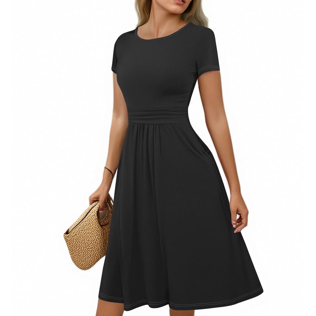 Women's Casual Fashion Round Neck Pleated Short Sleeve Solid Color A-Line Midi Dress
