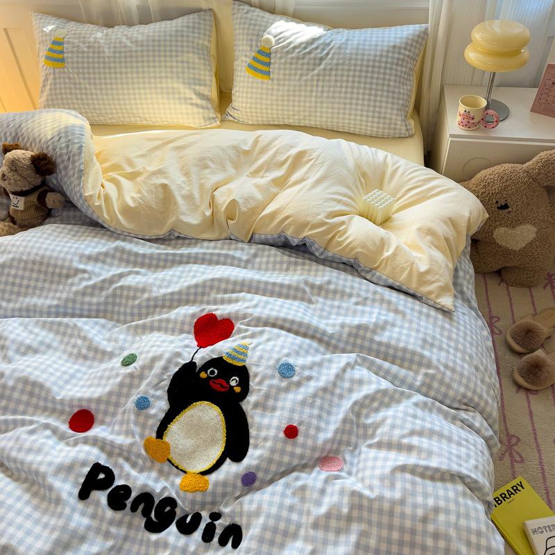 Applique Embroidery Ins Towel Embroidery Washed Cotton Four-piece Quilt Cover Bed Sheet Dormitory Three-piece Bedding Set Bed Sheet Quilt Cover
