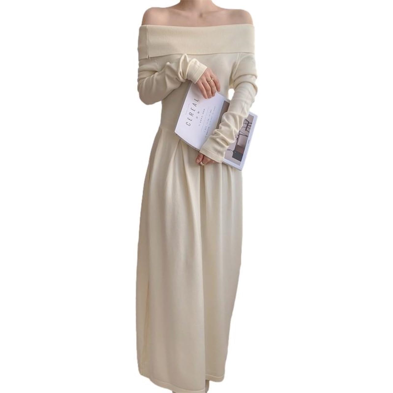 

Синее Берилл Вязаное Облегающее Высокое Длинное Женское Платье с Открытыми Плечами, & Клеш, Талия, Рукава, Элегантное, Слоновая кость, BB059-IV-M слоновая кость