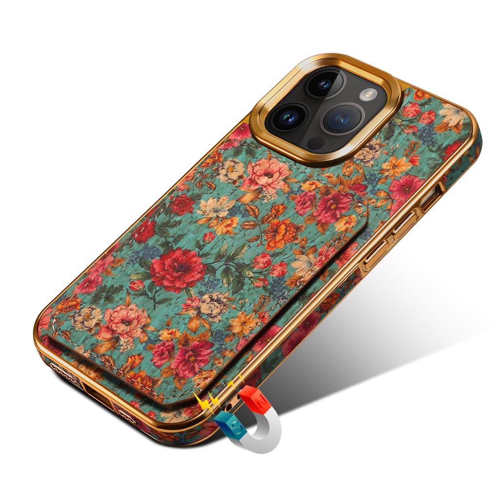 For iPhone 15 Pro Max Card Slots Kickstand Phone Case PU Leather Coated PC+TPU Flower Pattern Printed Cover