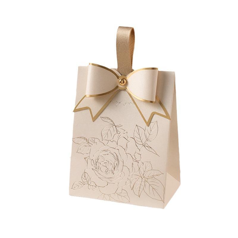 2025 Creamy White Retro French Handbag with Champagne Bow Textured Design - Wedding Candy Box