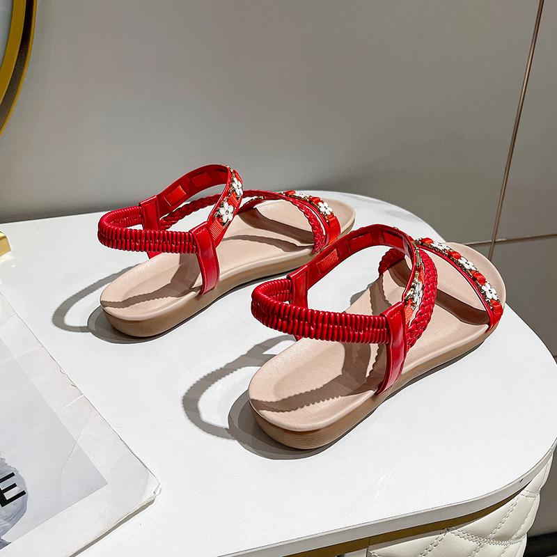 

Fashion Women s Flowers Decor Flat Sandals Braided Detail Elastic Band Slip on Summer Shoes Casual Outdoor Beach Sandals 35 красный