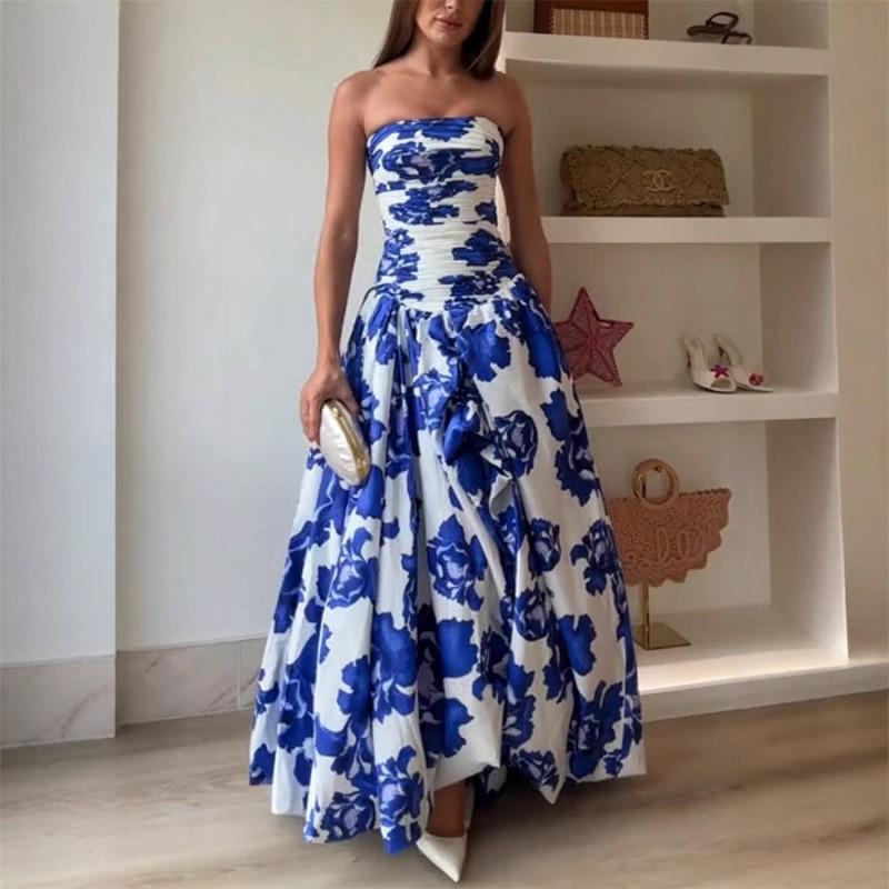 Elegant French Chic Strapless High-Waist Pleated Tulle Ball Gown Dress Women 2025