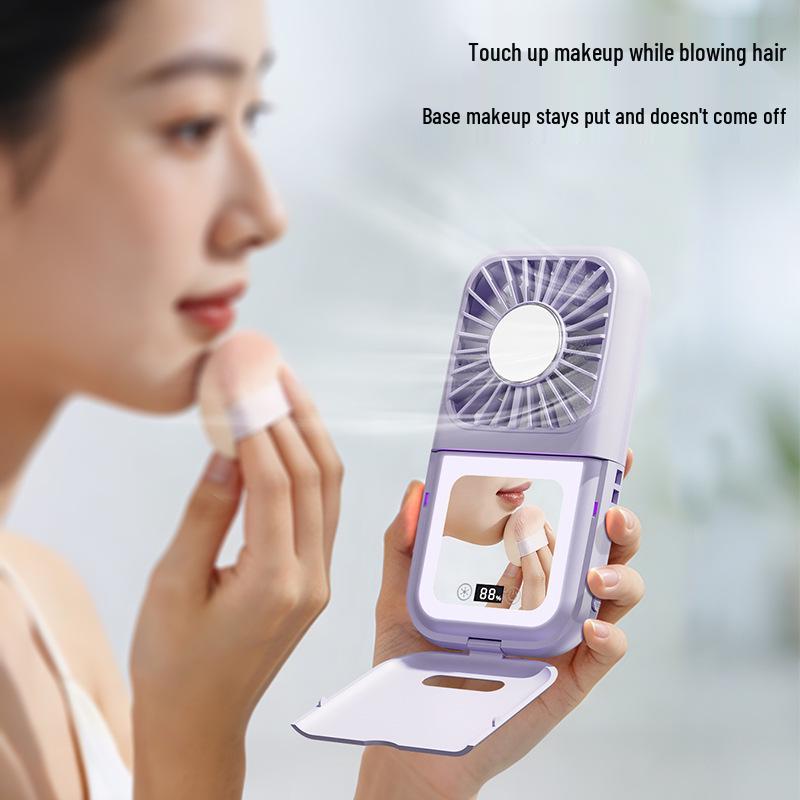 26-Year New Model: Portable Makeup Mirror Fan with Cooling, Foldable Fill Light, Digital Display, Neck Hanging Feature for Students