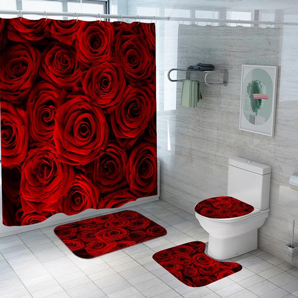 Red Rose Flowers Pattern Shower Curtain Set With Rugs Waterproof Bathing Screen Anti-Slip Toilet Lid Cover Rugs Bathroom Decor