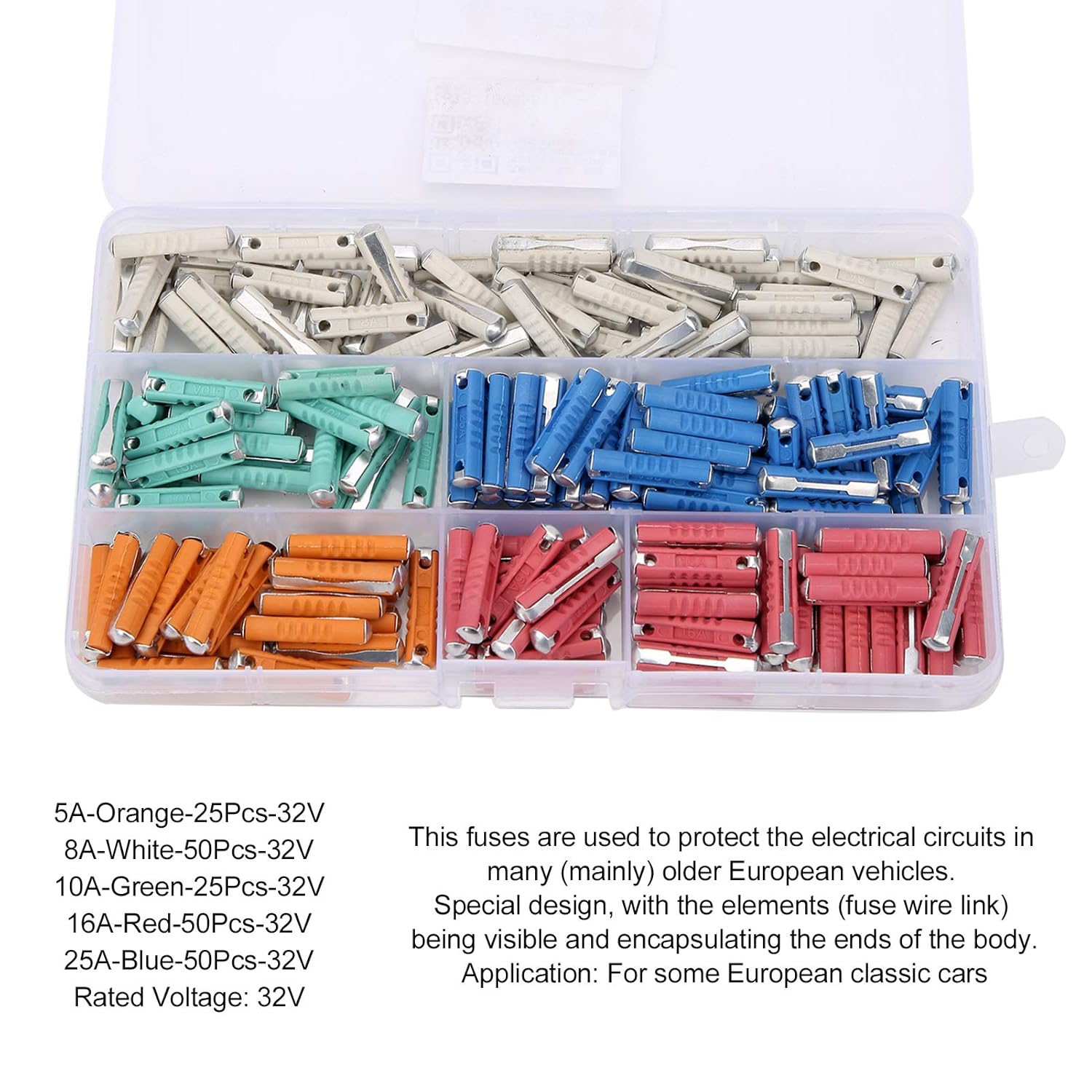 Yctze 200Pcs Auto - 5A/8A/10A/16A/25A Fuse European 32V Boxed Assorted Automotive Accessory Car Fuse Kit Automotive Fuse Torpedo Fuse Kit