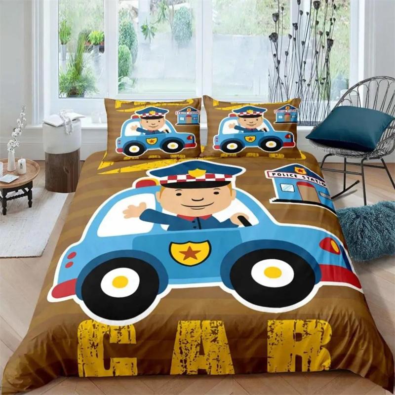 3D Auto Königin König Bettbezug Cartoon Auto Bettwäsche Set Kinder Jungen Blau Grau Notfallfahrzeuge Polyester Steppdecke