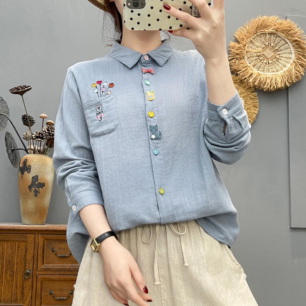 

Модная хлопковая муслиновая рубашка с длинным рукавом и вышивкой кота с 3D-украшением для женщин - Повседневная весенняя одежда M