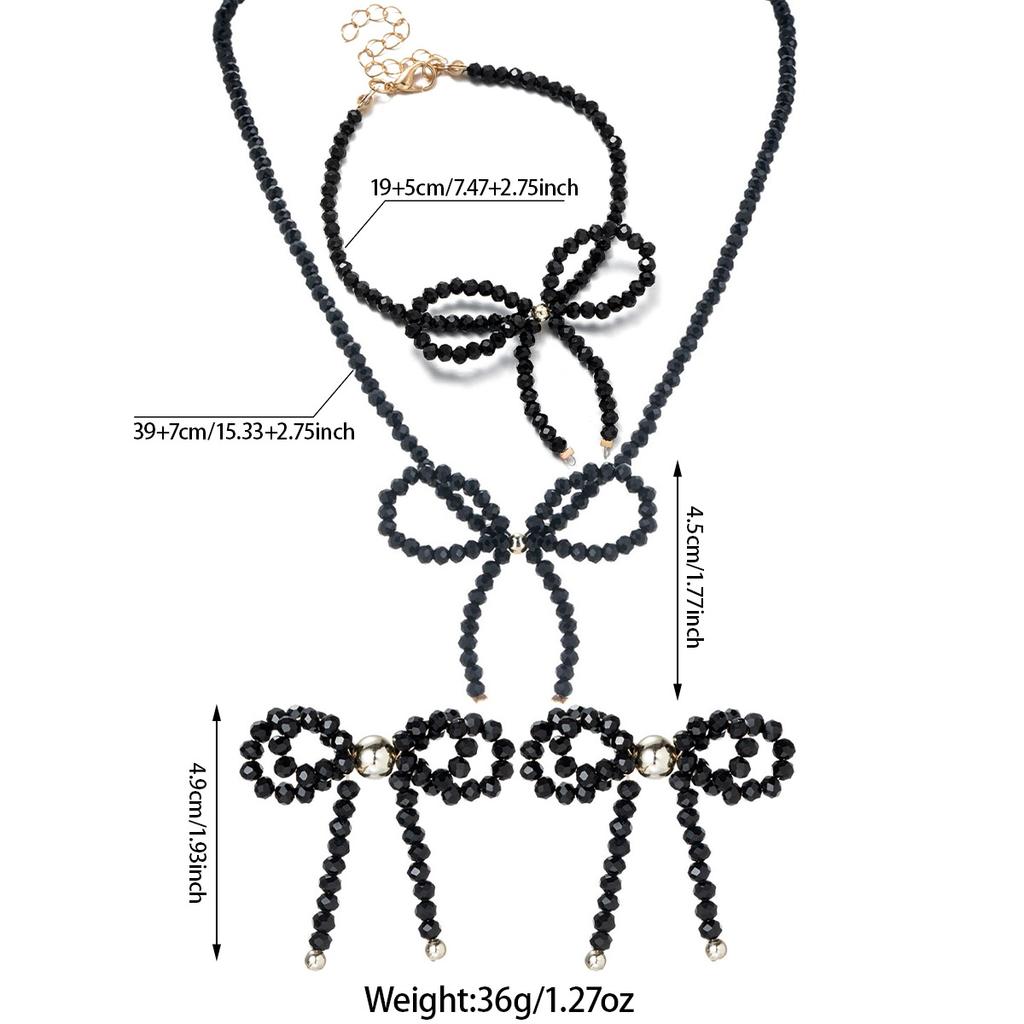 3-piece black glass bead bow necklace bracelet earrings women's jewelry set