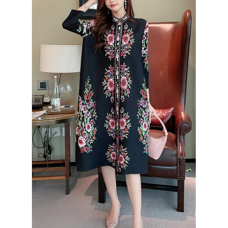 Womens Elegant Pleated Midi Dress With Floral Print Loose Fit Stand Collar Single Button Front Plus Size Friendly