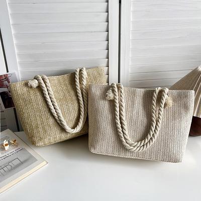 Large Capacity Straw Woven Bag, Foreign Style Portable Tote Bag, Vacation Woven Commuter Fashion Versatile Shoulder Bag