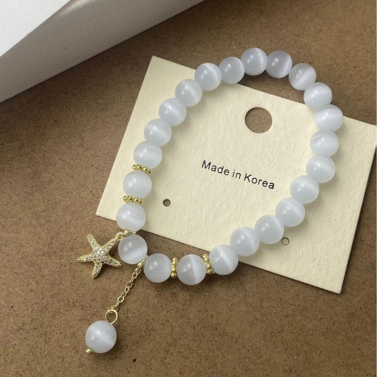 Exquisite French Zirconia Starfish & Cat s Eye Beaded Bracelet