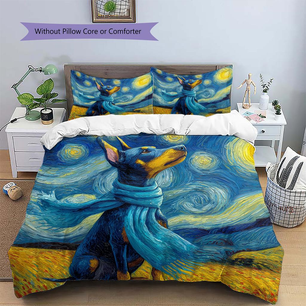 Dog Under Night Starry Sky Pattern Bedding Quilt Set Home Decoration Gift (1 * duvet cover + 2 * pillowcase without core)