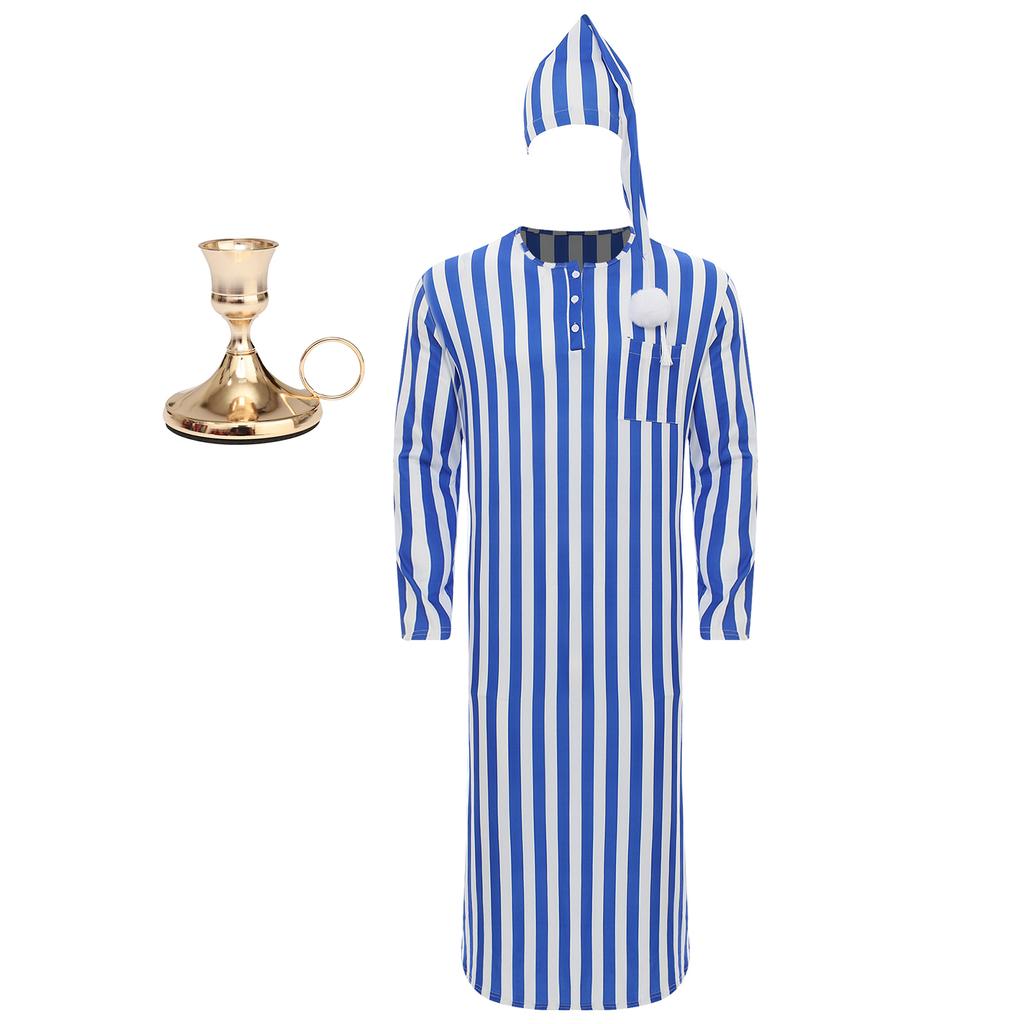 Men's Christmas Pajama Set Striped Sleep Dress Robe with Matching Hat and Candle Holder