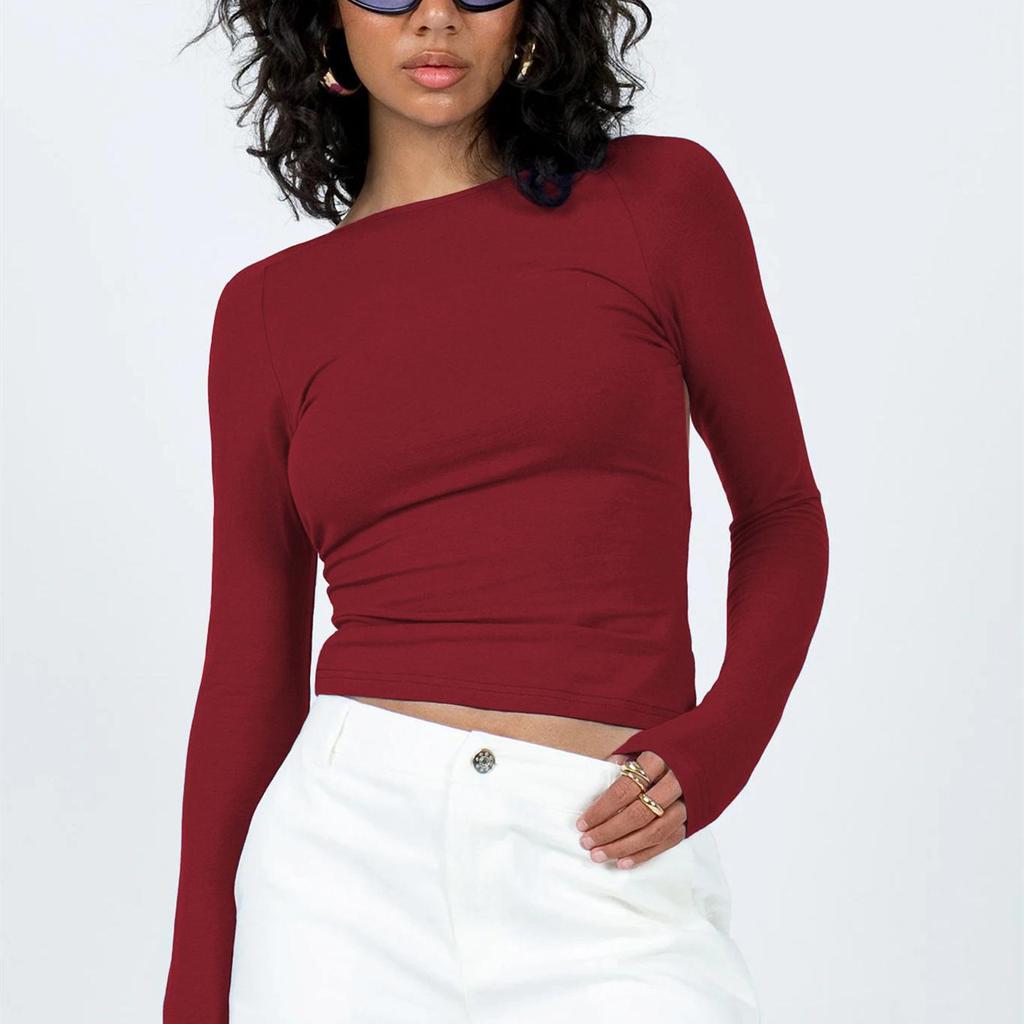 Streetwear Oneck Slim Outfits Women Long Sleeve Backless Tshirts Cropped Tops Solid Color