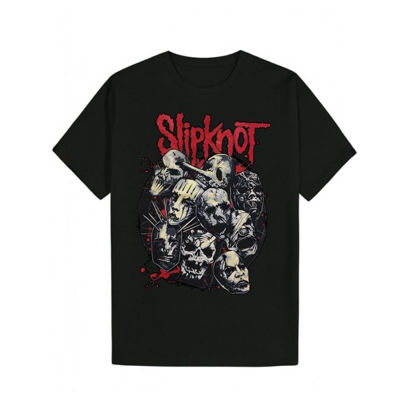 Men s Slipknot Graphic Tee - Casual Black Polyester T-Shirt with Skull Design  Round Neck  Machine Washable for Summer