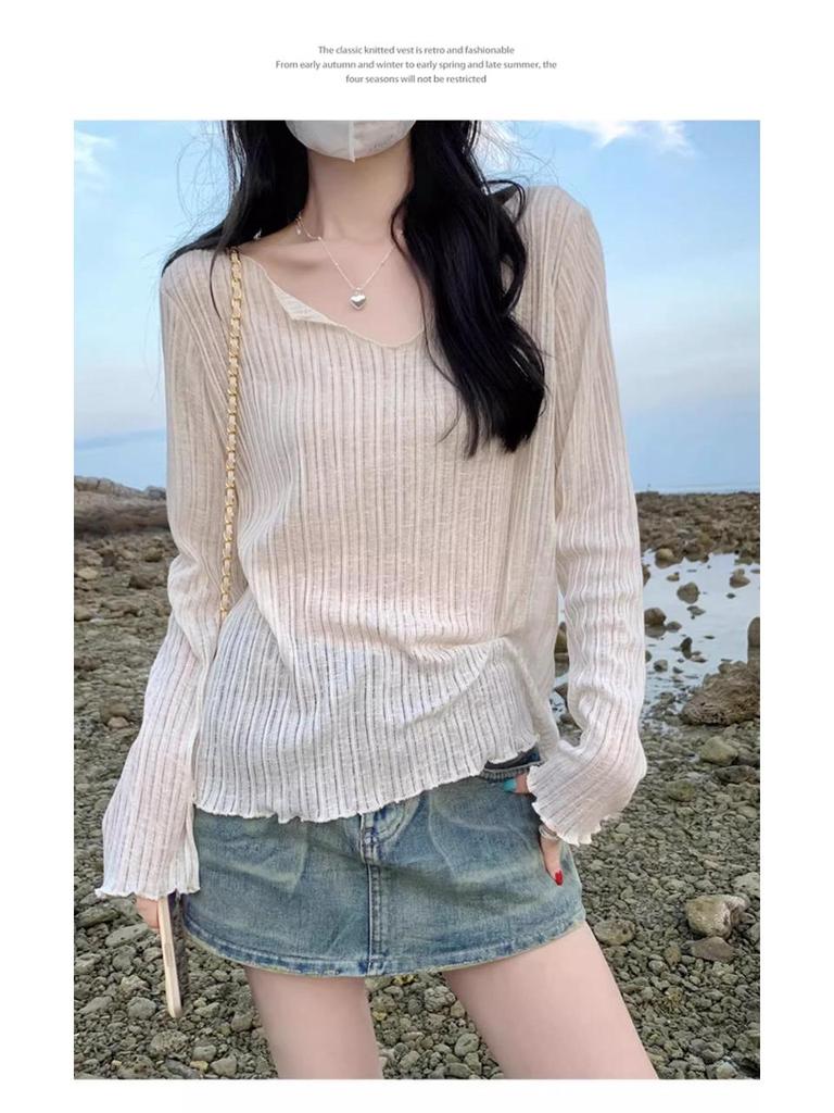 Damen 2024 Sonnenschutz Klimaanlage Langarmbluse: Leicht, Transparent, mit Holzohrbesatz für den Sommer