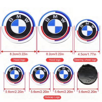 BMW M 7pcs Car 50th Anniversary Logo Front Hood Emblem 82mm+Rear Badge 74mm+Wheel Hub Cap 68mm56mm Steering Wheel Sticker 45mm BMW CVA5 F33