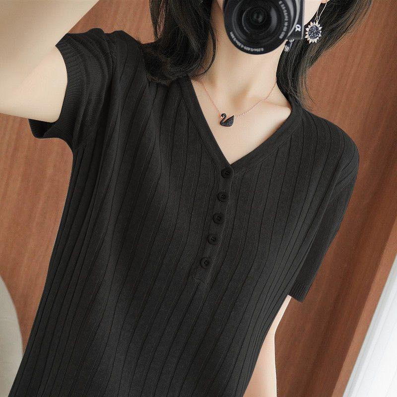 Ice Silk Short Sleeved T-shirt for Women Loose and Slimming V-neck Knitted Sweater Half Sleeved Top