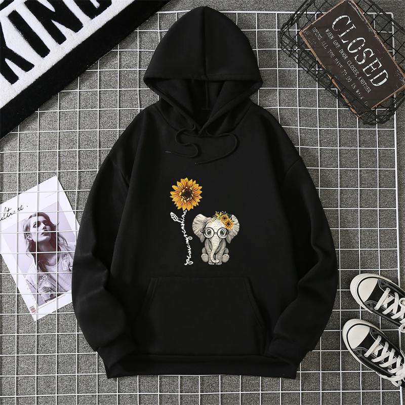 Women's Sunflower Elephant Printing Pattern Round Neck Pullover Long Sleeve Sweater Women Pullover Crew Neck Style