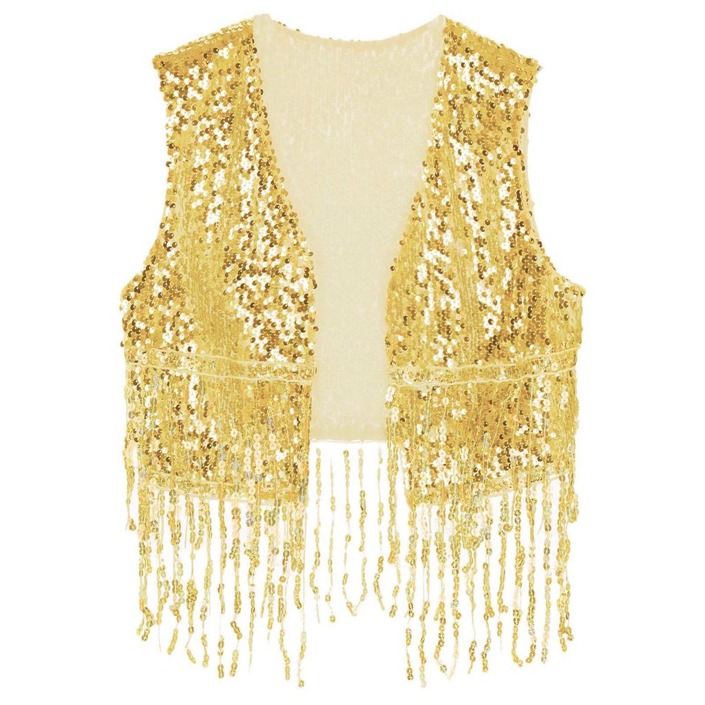 Mens Shiny Sequin Cowboy Vest Tops Open Front Sleeveless Tassels Cardigan