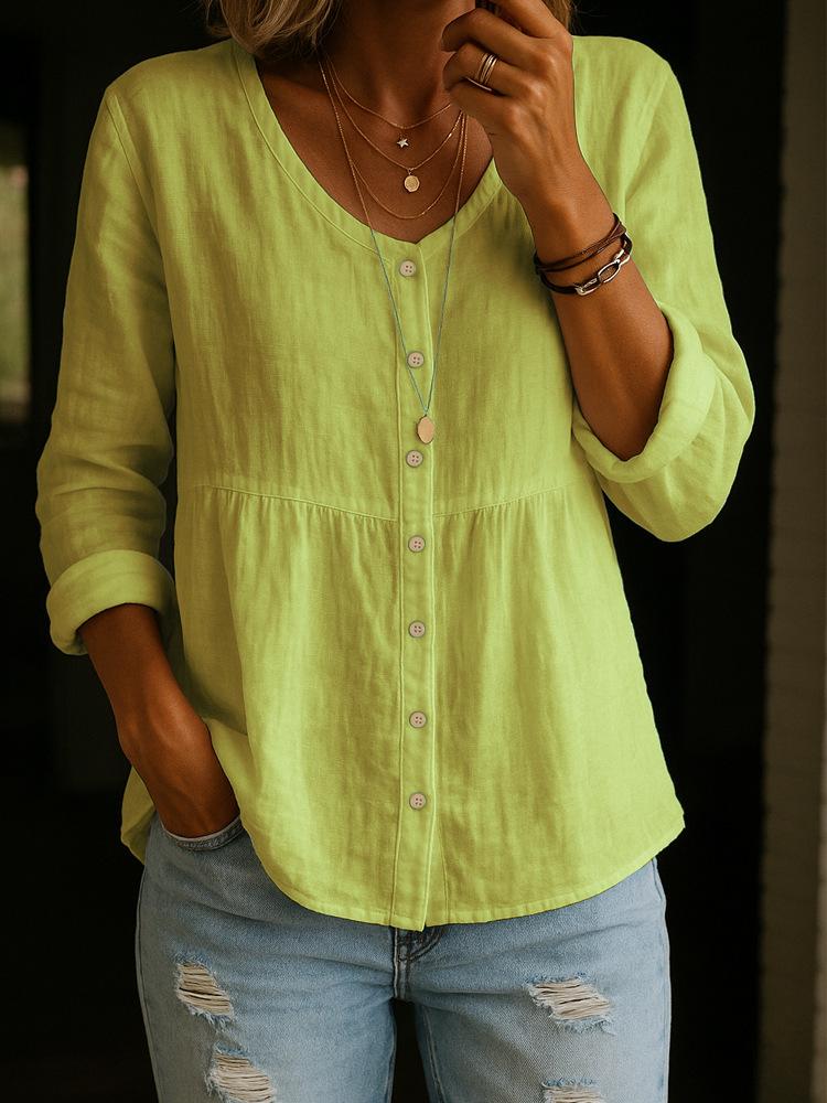 2026 European & American Women s Casual Cotton Linen Long Sleeve V-Neck Button Shirt 3XL
