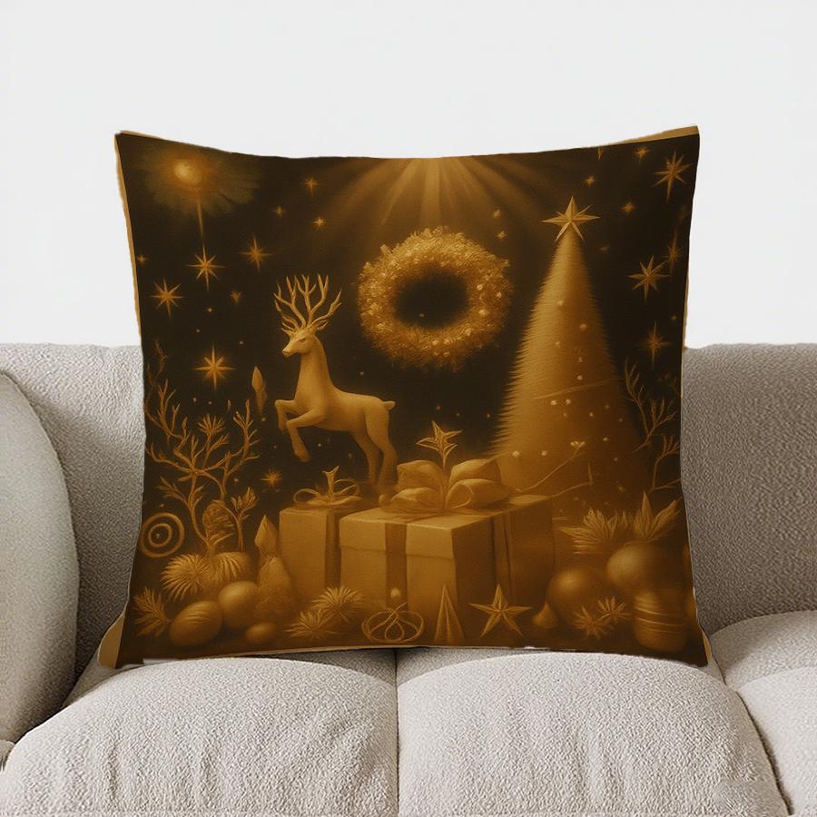 Home Decor Golden Christmas: Deer, Tree & Gift Cushion Pattern Cushion Cover Suitable For Sofa Bedroom Car Pillow Cover