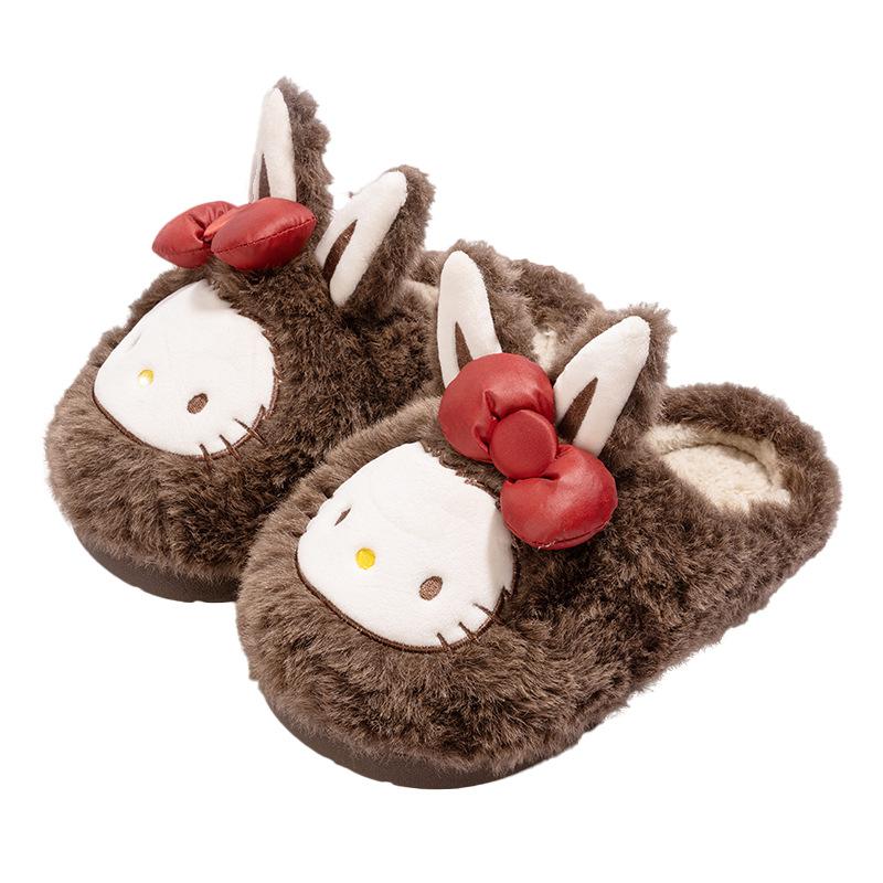 

Новые милые кошачьи плюшевые тапочки-бантики с кроличьими ушками, зимние домашние плюшевые теплые нескользящие хлопковые тапочки 40-41 глубокая кофе