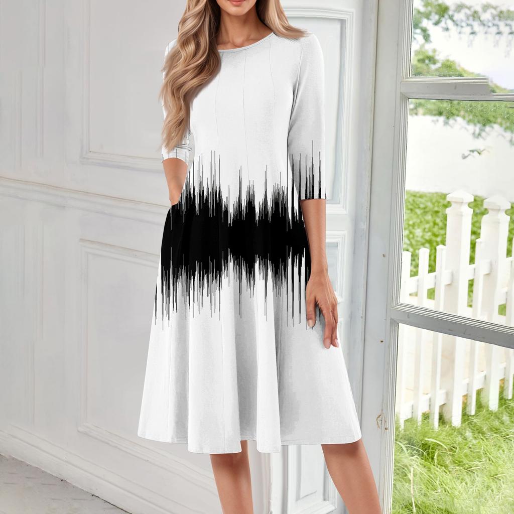 Women's Casual Fashion Round Neck Three Quarter Sleeve Print Midi Dress