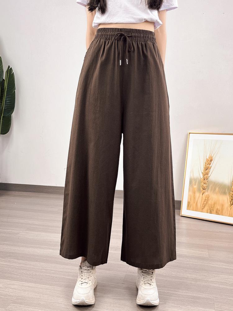 Southeast Asia Women's Casual Loose Ramie Culottes - Wide-Leg All-Cotton Slimming Pants, Eight-Point Length