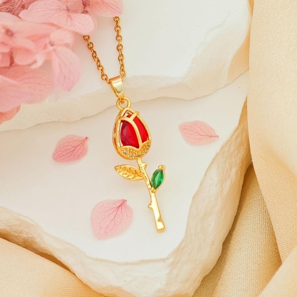 Layered Tulip Flower Pendant Necklace Elegant Stainless Steel Choker Zircon Pendant Wedding Style E