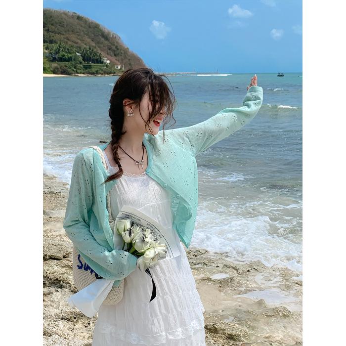 

Летнее женское вязаное платье без рукавов и кардиган с ажурным узором, накидка от солнца, 2025 One Size зелёный