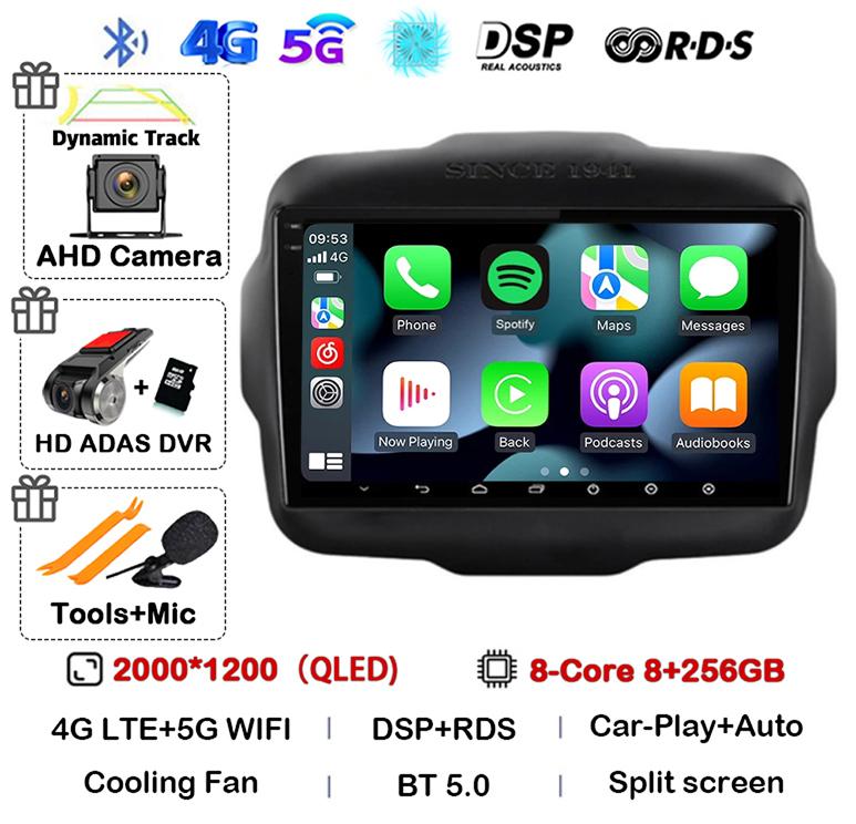 Android 14 Auto Carplay WIFI+4G LTE Car Radio For Jeep Renegade 2016 2017 2018 2019 2020 Multimedia Player GPS Stereo 360 Camera