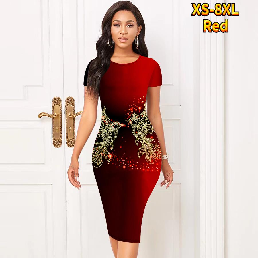 

Тонкое платье длиной до колена с коротким рукавом, модное женское платье миди с 3D принтом золотой птицы 5XL красный