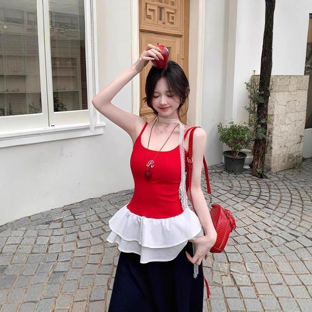 Women's Summer Slim Fit Red Knit Lace Camisole Tank Top, Ballet-Style Embroidered Design, Wearable As Outerwear.