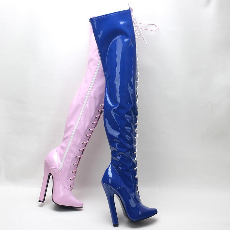Fashion 15-17cm Women Thigh High Boots,Chunky Heel Long Bootas,Pointed Toe,Side Zip Over-the-Knee Men Pole Dance Shoes,Custom Colors