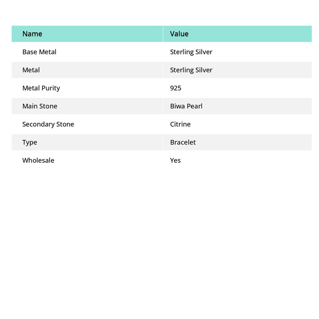 Natural Biwa Pearl, Citrine Gemstone 925 Sterling Silver Bracelet 7-8" c6N06