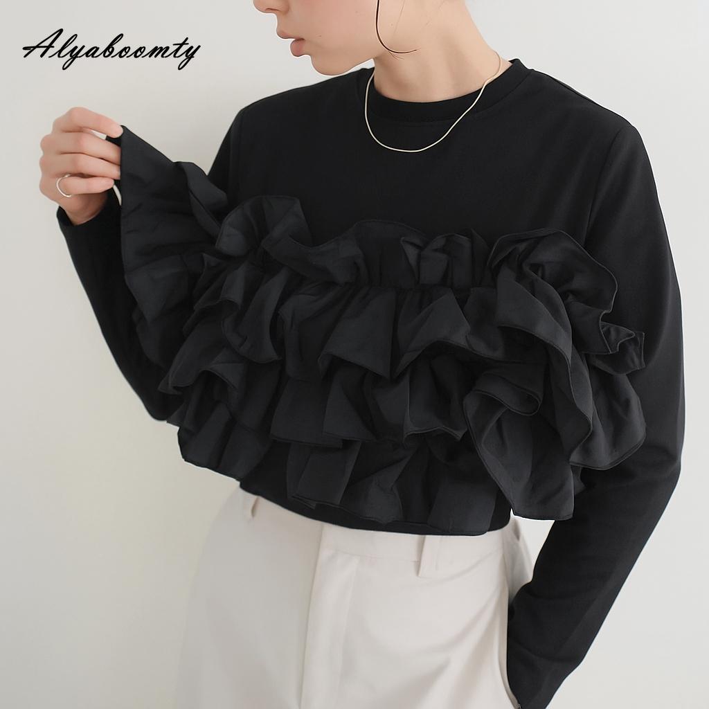 

Новое поступление Осень Весна Женская уличная футболка Стильная модная Серая Бежевая Черная с оборками Лоскутная рубашка Элегантный женственный топ для офисной леди One Size чёрный