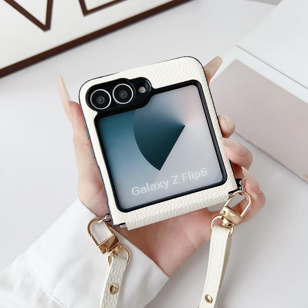 Leather Finger Ring Stand 3pcs Folding Case For Samsung Galaxy Z Flip6 Flip5 Flip4 Flip3 Crossybody Lanyard Shockproof Matte Slim Phone Cover