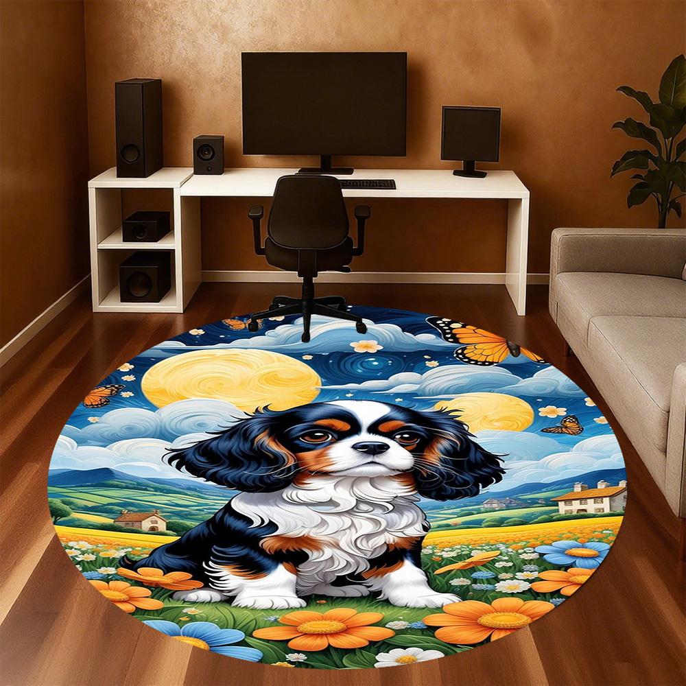 1PC King Charles Spaniel Round Chair Mat Area Rug - Non-Slip, Floor Mat for Office, Bedroom, Home Decor Christmas Gift C0528055