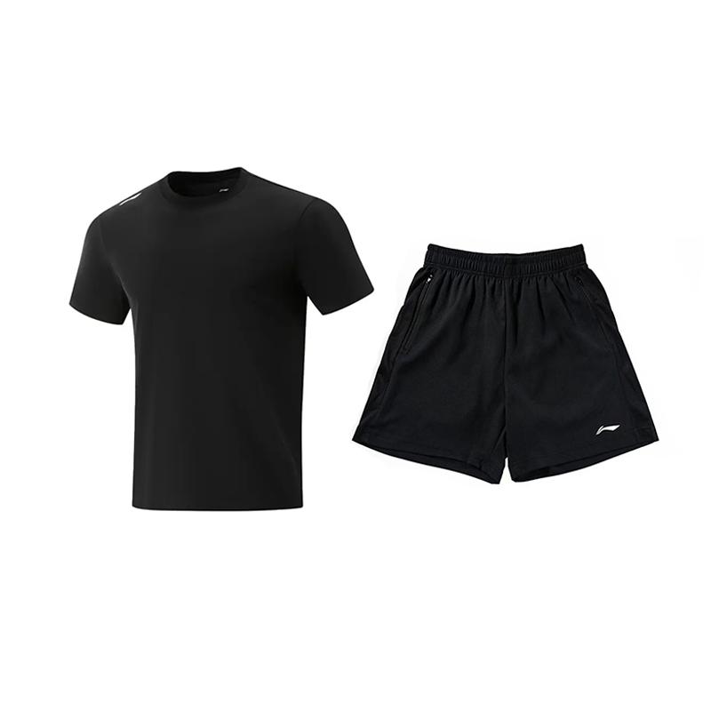 Li Ning Training Series Solid Color Logo Simple Quick-Dry Cool Versatile Crew Neck Pullover Short Sleeve T-Shirt Casual Sports Set ATSV597-2+YATV113-1