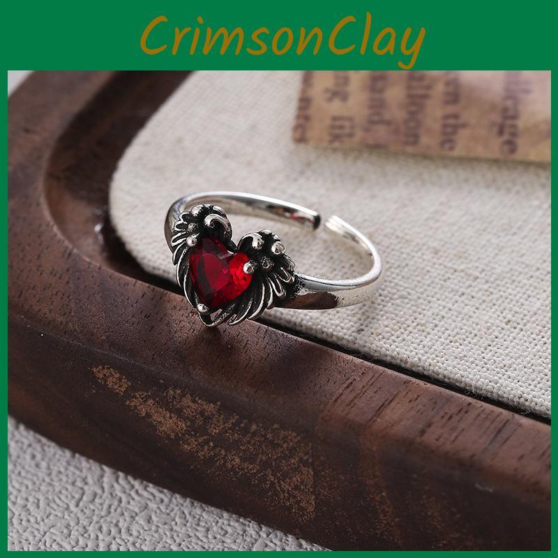 Wing Vintage Stunning Heart Red Zircon Ring For Women Jewelry High Fashion Adjustable