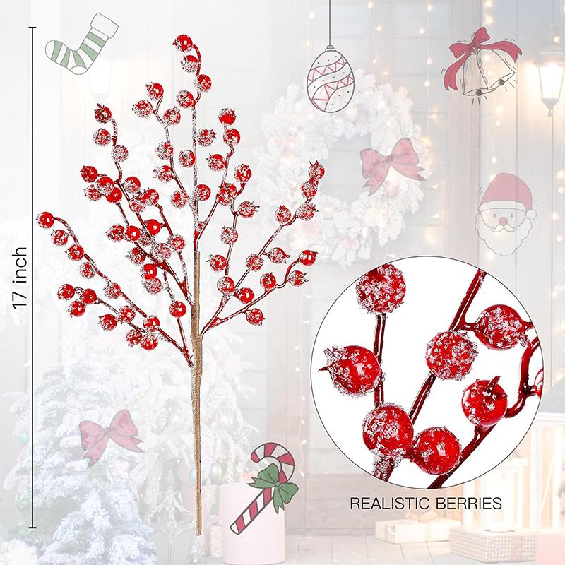 1Pc Christmas Decoration White Snow Red Berries Stems Artificial Bouquet Xmas Tree Ornament Home Decor New Year 2025 Accessories