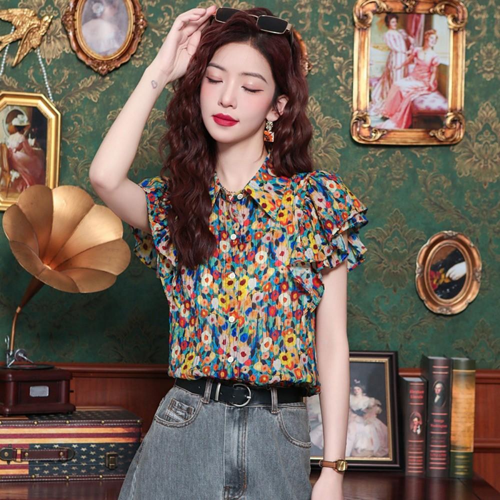 Qooth Women Summer Vintage Floral Ruffled Collar Blouse Hong Kong Style Short Sleeves Blouse QT2648