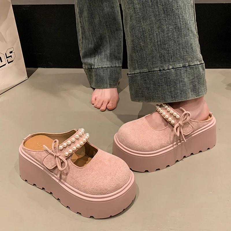 Fashion Shoes Woman 2025 Cover Toe Loafers String Bead Butterfly-Knot House Slippers Platform Luxury Slides Designer Butterfly-knot