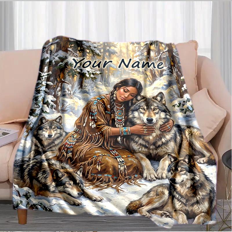 1PC Custom Name "Winter Wolf Spirit Connection" blanket versatile,all-season throw suitable for the living room,bedroom,camping,travel,and gift