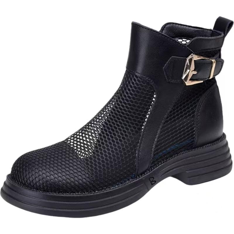 Damen Stiefeletten mit niedrigem Absatz, große Größen, Leder-Netz-Kombination, Frühling/Sommer, dicke Sohle, rutschfest, runde Spitze, leicht, atmungsaktiv, coole Stiefel