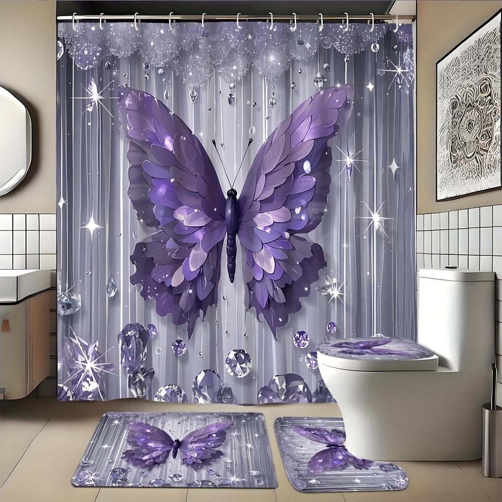 4PCS Luxury Diamond Butterfly Bathroom Set, Waterproof Shower Curtain with Non-slip Rugs, U-shaped Mat  Toilet Cover 12 Hooks