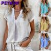 PEYWOW Moda Feminina Casual Verão Primavera Gola V Manga Curta Blusas & Camisas