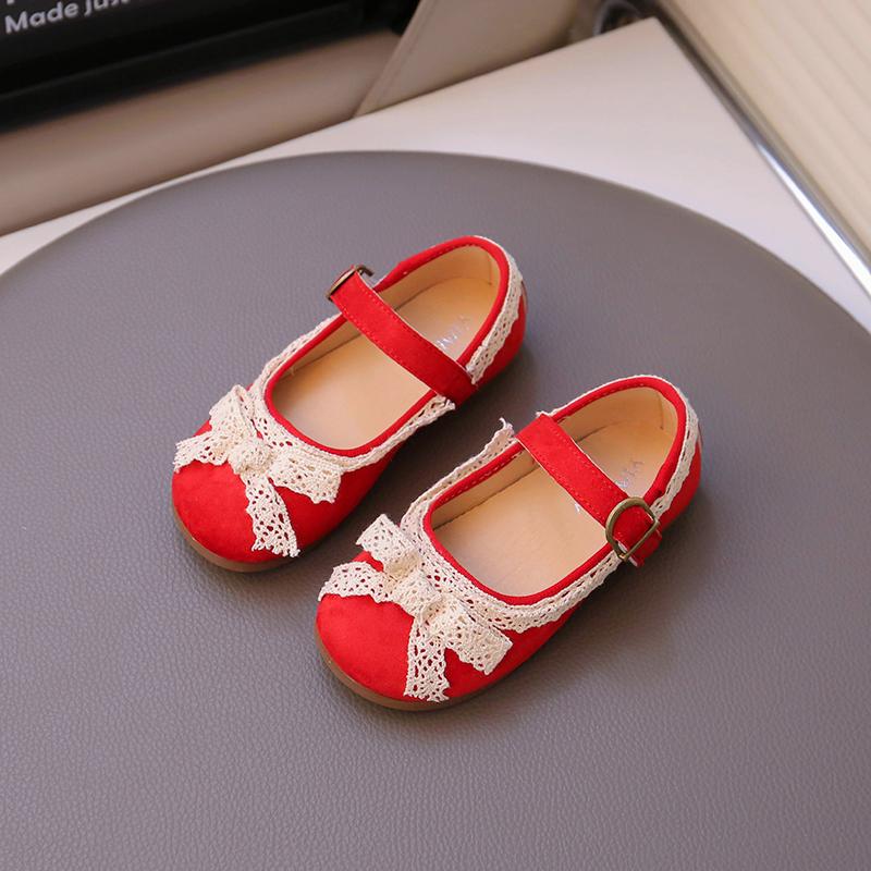 

Туфли для танцев для девочек, с круглым носком, мягкие, детские туфли принцессы, милые кружевные банты, 2025, совершенно новые, детские балетки, нескользящие, конфетного цвета 23 красный